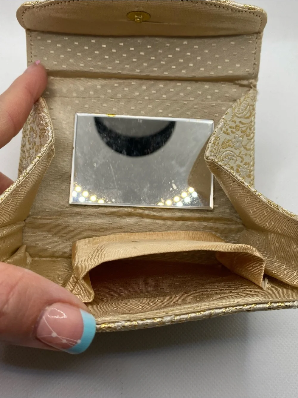 Vintage Gold Brocade Vanity Purse Evening Bag Built In Mirror Mid Century